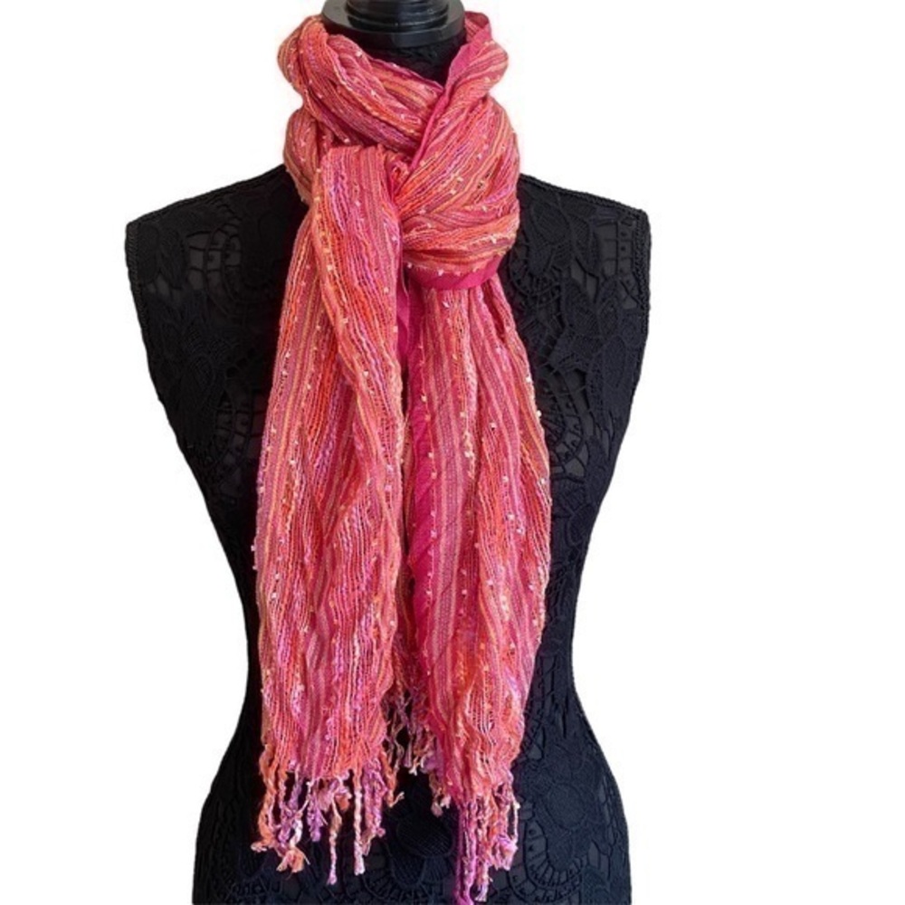 Macyโs Magenta Pink Tangerine Orange Metallic Woven Lightweight Skinny Scarf